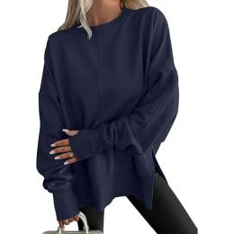 Fashion Casual Round Neck Pullover Loose Sports Long-sleeved Sweater (Option: Navy Blue-S)