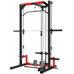 Smith Machine Power Rack with Pull Up Bar, Lat Pull Down System, Landmine, Squat Rack, Barbell Bar, for Home Gym (Option: Black, Red-2080x240x75 mm)