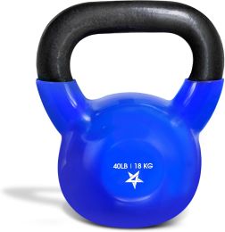 Kettlebell, 5-100 LB Vinyl Coated Cast Iron Strength Training Kettlebells for Home Gym Exercises, Fitness, Full Body Workout Equipment, Push Ups (Color: H. 40LB - Dark Blue  Vinyl Coated)