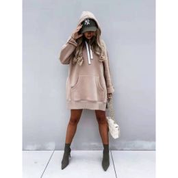 Women's Hooded Sweatshirt With Pockets Fashion Casual Split Mid-length Sweater Drawstring Tops (Option: Khaki-M)